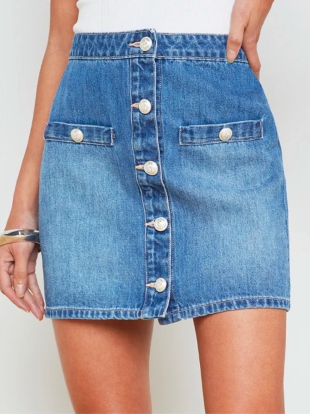 L'AGENCE Blue Denim Button-Front Mini Skirt